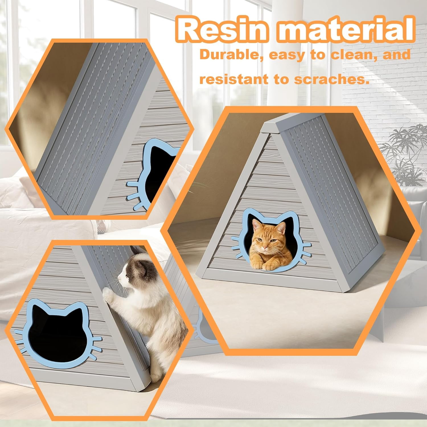 OFFIGAM Weatherproof Resin Cat House Gray Indoor Outdoor Feral Shelter Easy Clean 23.82x25.59x25.67in