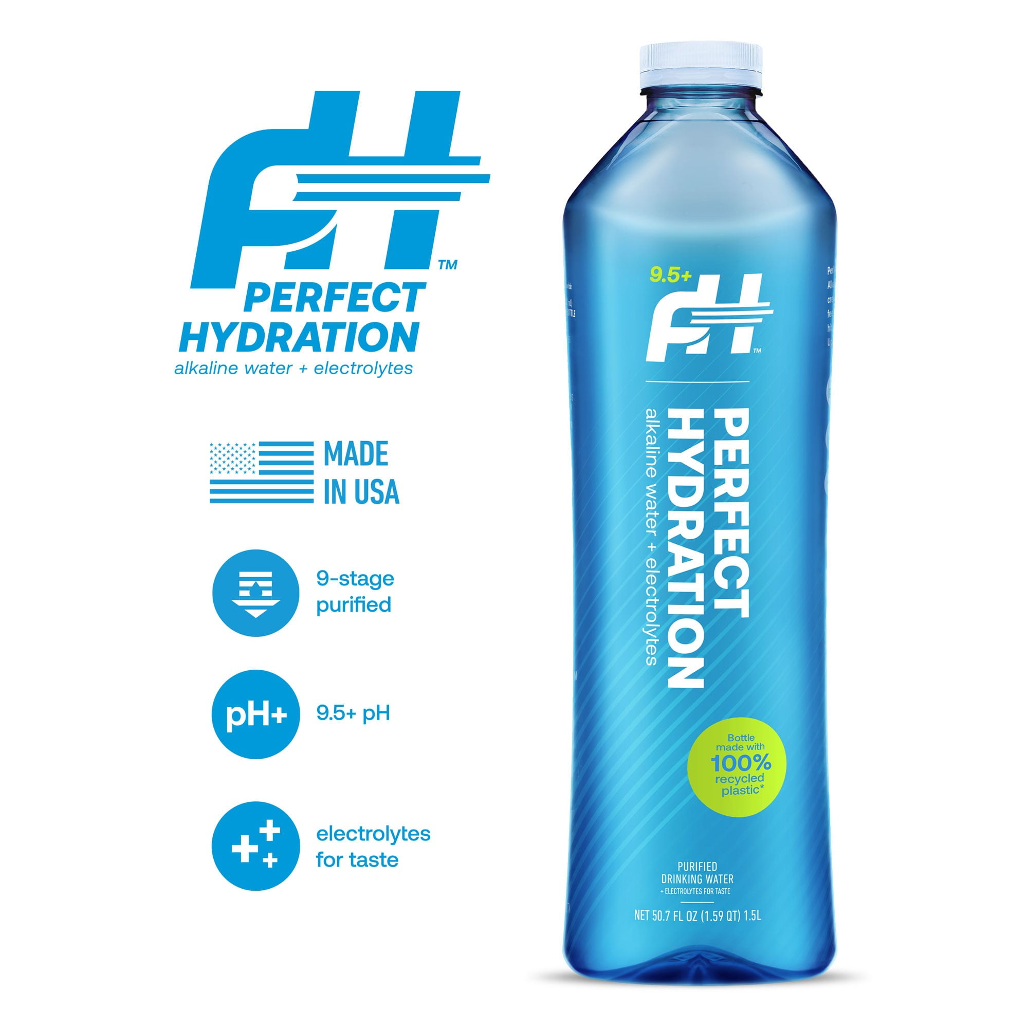 Perfect Hydration 9.5 pH Alkaline Water, Electrolytes for Taste, Bottles Made with 100% Recycled Plastic, 1.5-Liter, Case of 12 Bottles, 2 Cases