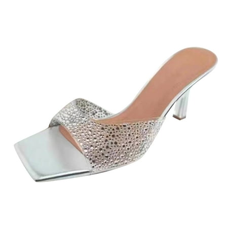 

Sandals For Women Dressy Summer Pattern High Heels Transparent Upper Square Toe Thin Heel Elegant Large Shoes Silver 39