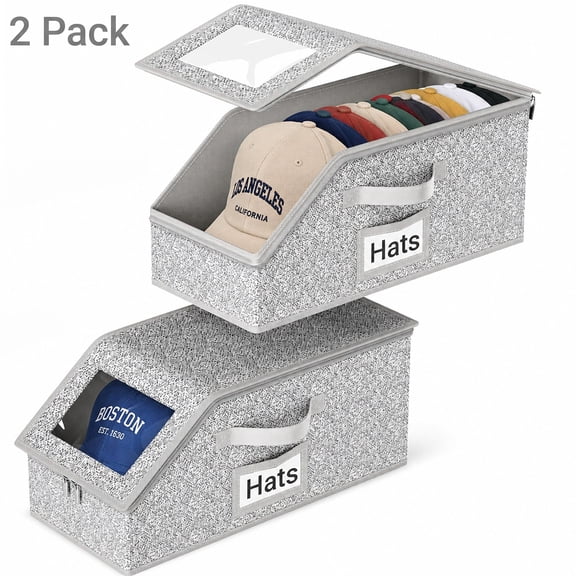 Kidsjoy 2 Pcs Stackable Hat Storage Organizer for Baseball Caps, Holds up to 24 Caps, Closet Hat Holder with Reinforced Cardboard Support, Grey