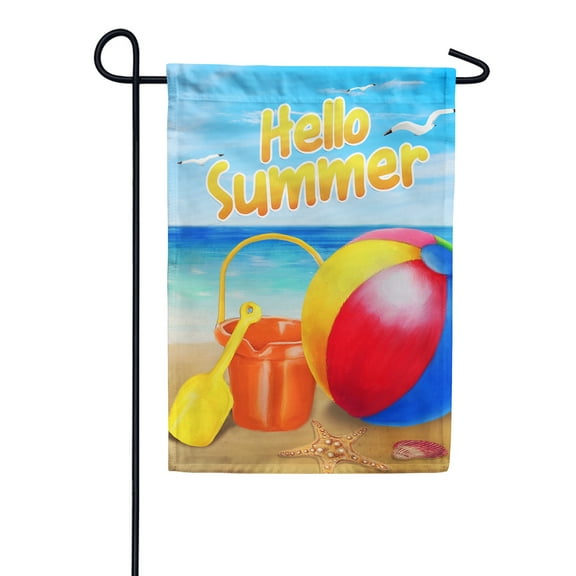 America Forever Hello Summer Beach Double Sided Garden Flag, 12.5 x 18 inch, Beach Ball Bucket Banner, Starfish Sandy Outdoor Decor, Warm Season Yard Flag