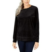 Karen Scott Petite Long-Sleeve Velour Sweatshirt (Deep Black, P/S)