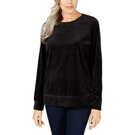 Karen Scott Petite Long-Sleeve Velour Sweatshirt (Deep Black, P/S)