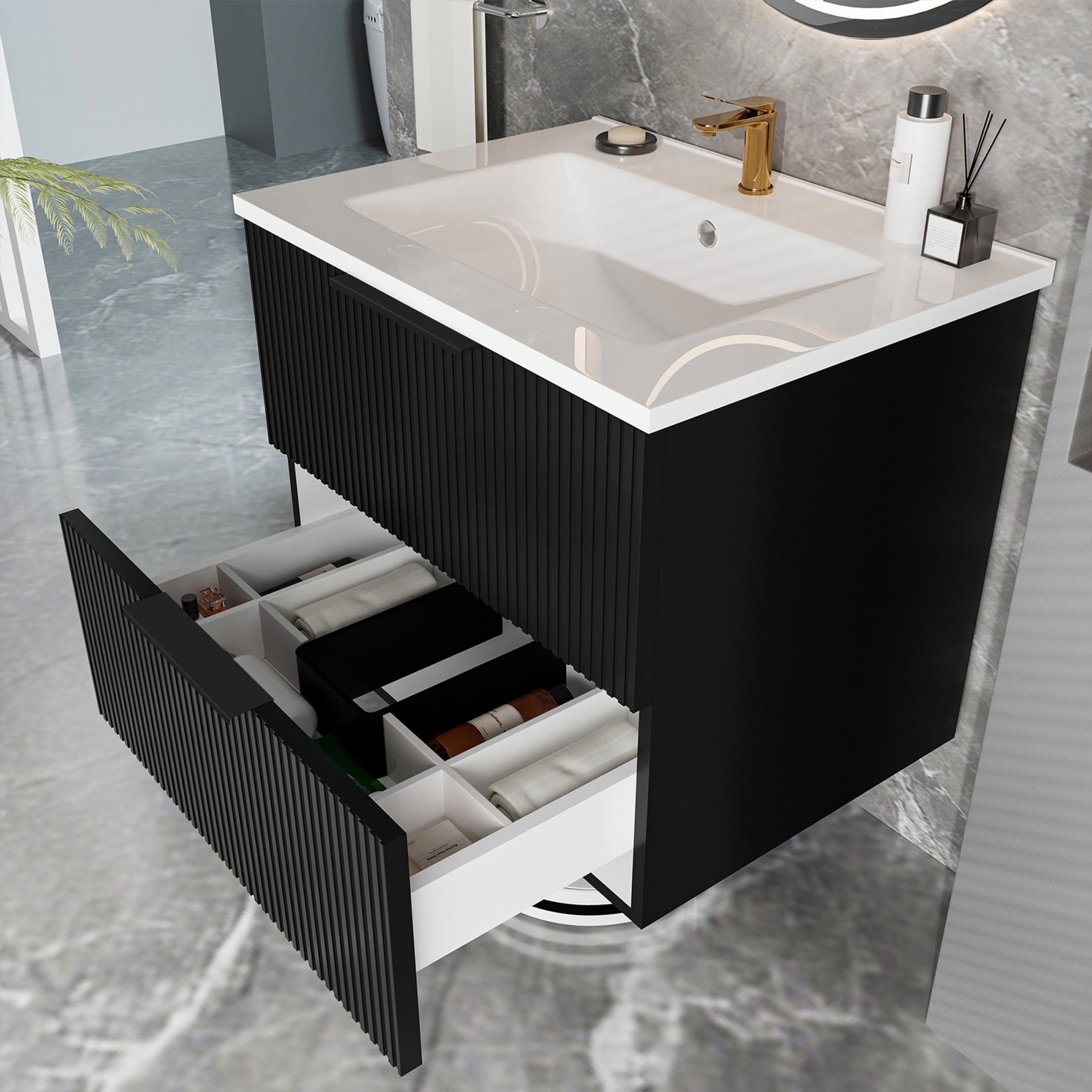 Noble House 24" Wall Mounted Floating Bathroom Vanity with Sink, 2 Drawers, Modern Cabinet, Matte Black