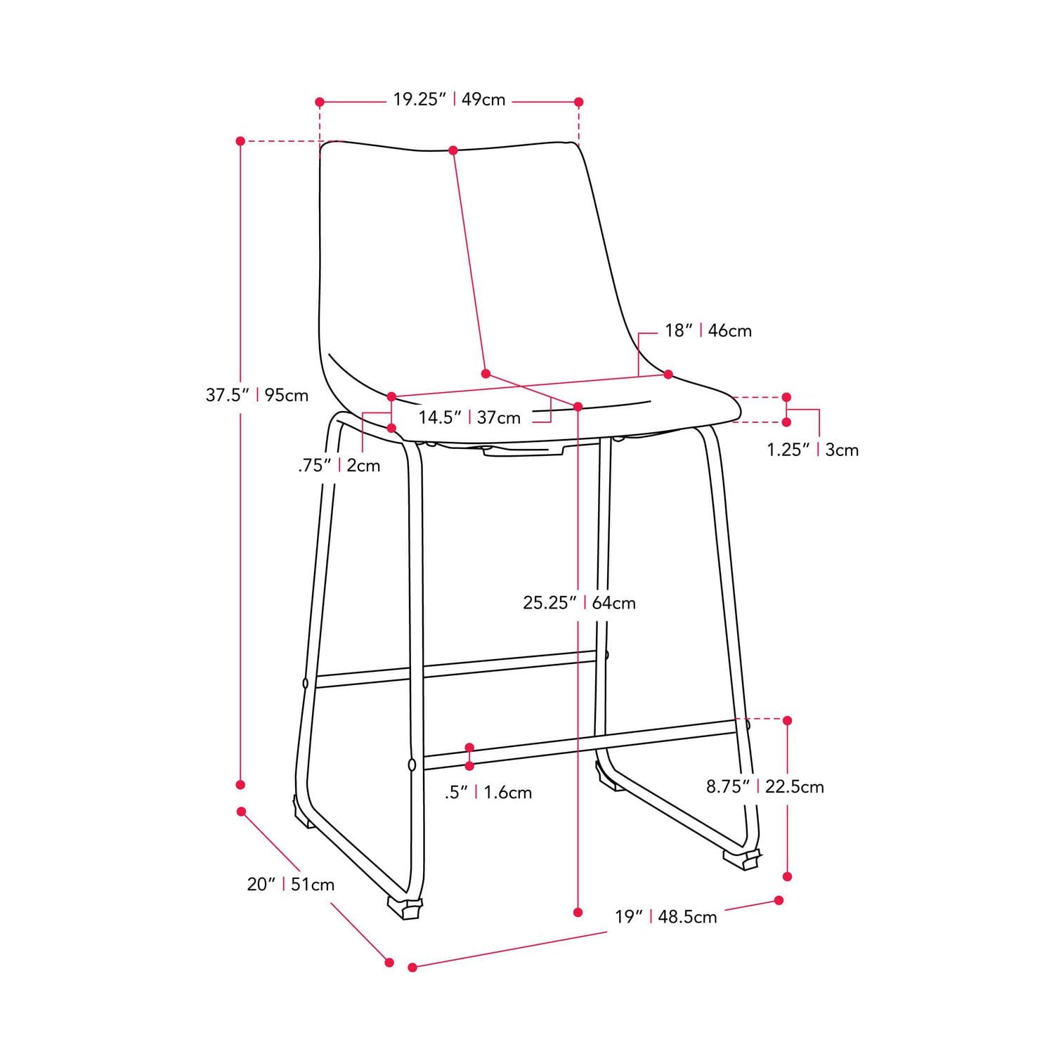 Asahi Set of 2 Counter Height Upholstered Bar Stools with Metal Legs