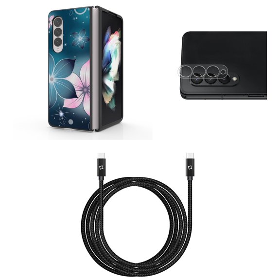 Accessory Bundle for Galaxy Z Fold 4: Slim Snap-On Case (Midnight Flowers), Rear Camera Glass Protector, Nylon Braided USB-C to USB-C Cable (4 Feet)