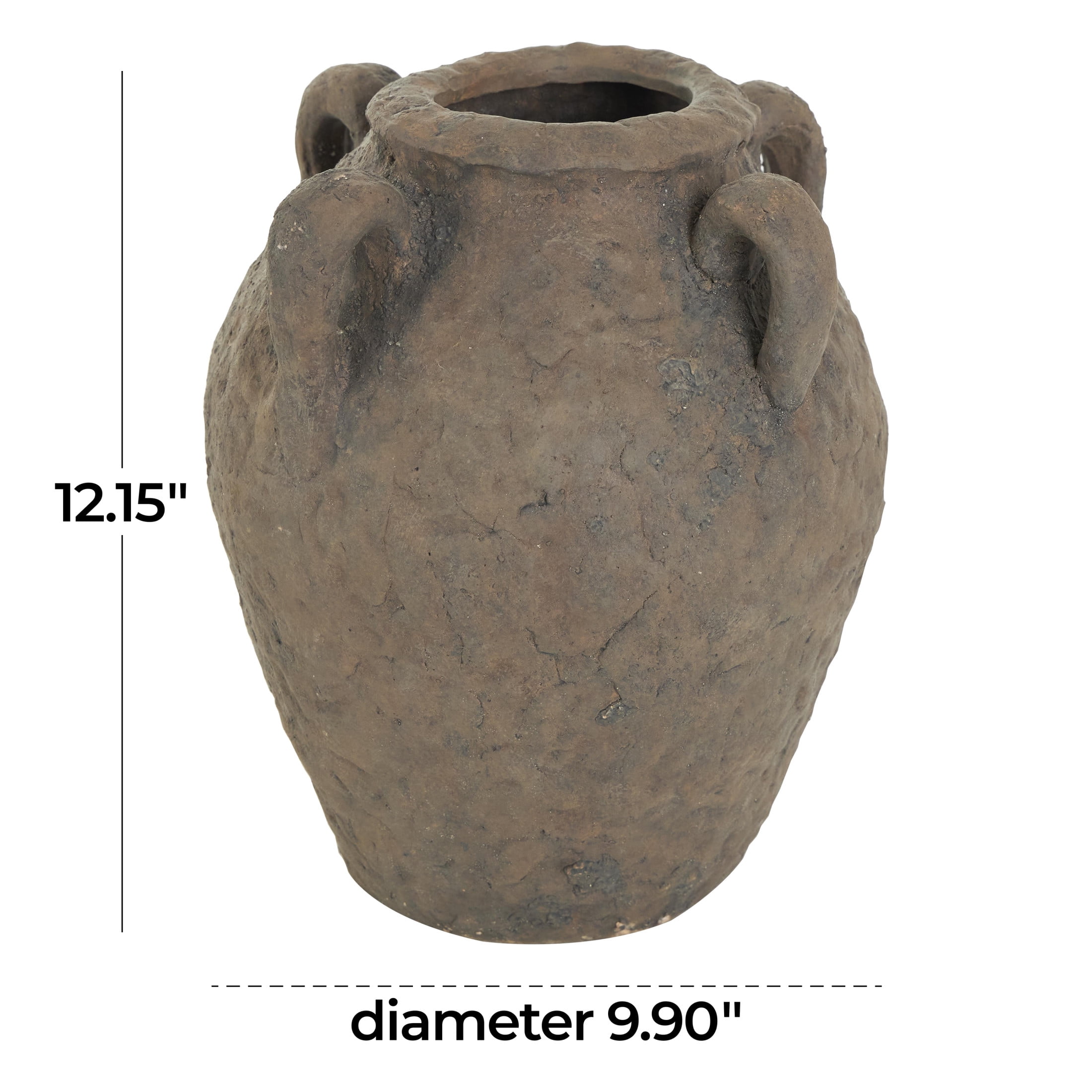 DecMode 12" Handmade Textured Dark Brown Ceramic Vase with Four Handles