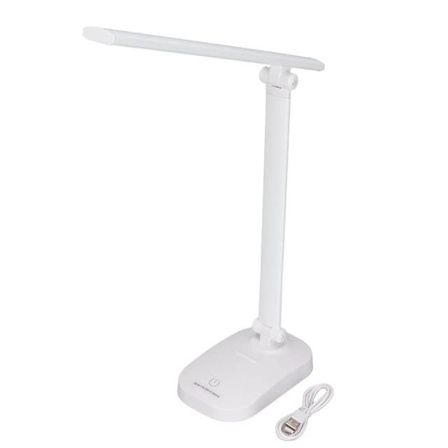 LED Table Lamp by Gupbes, a foldable white ABS desk lamp with a long lamp head and frosted shade for eye protection. Features USB rechargeable 1200mAh lithium battery, three brightness levels, and three light colour modes. Compact and lightweight, ideal for desks, workbenches, sewing tables, and bedside tables. Includes a USB cable and user manual.