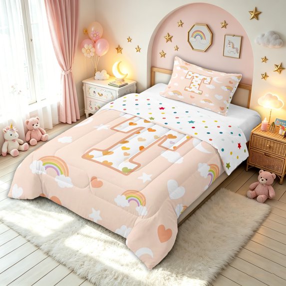 meiyoeat Cute Love Heart Letter T Twin Comforter Sets for Girls, Cloud Moon Bedding Set for Bedroom, Peach, Polkadot Reversible, 2pcs, 1 Comforter and 1 Pillowcase