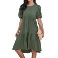 thumbnail image 5 of HUBERY Women Crew Neck Short Puff Sleeve Ruffled Keyhole Back Midi Dress, 5 of 6