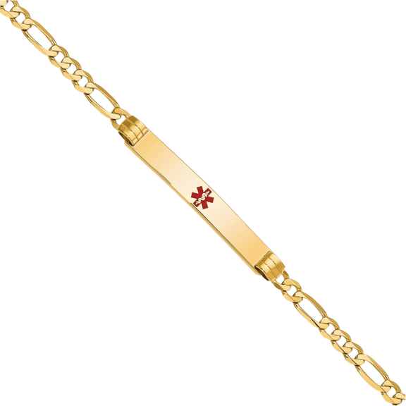 14K Solid Yellow Gold Medical Alert Figaro Link Name Bar Identification ID Bracelet
