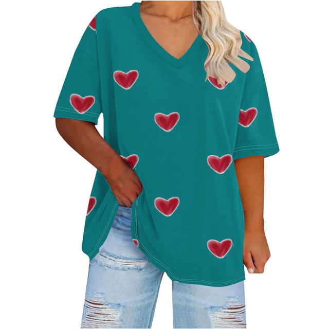 Plebaso T-Shirts Grande Taille pour Femmes Col en V Manches Courtes Imprimé Blouses d'Été Décontractées Amples