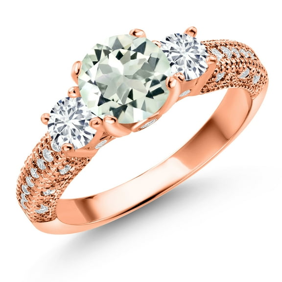 Gem Stone King 18K Rose Gold Plated Silver Green Prasiolite White Lab Grown Diamond and White Moissanite Engagement Ring for Women (1.72 Cttw, Gemstone, Round 7MM and 4MM, Size 8)