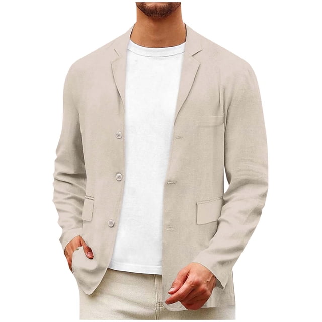Blazer for Men, Solid-Color Casual Cotton-Blend Long Sleeve Suit Jacket with Button Pockets and Notched Lapel, Brown Size L
