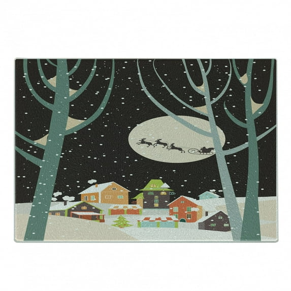 Christmas Cutting Board, Small Town Snowing Winter Flying Santa with Deer Silhouette Full Moon Image, Decorative Tempered Glass Cutting and Serving Board, in 3 Sizes, by Ambesonne