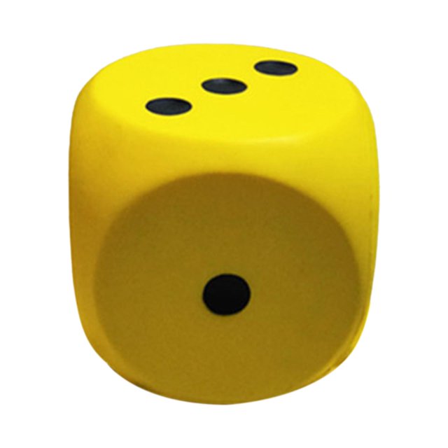 dados de espuma zulema dados de esponja 6 lados, dado amarillo de espuma de 6 pulgadas (15 cm) en vista frontal 3/4; cubo de caras lisas y esquinas redondeadas con puntos negros impresos, material de esponja suave y flexible para juegos silenciosos, actividades educativas y favores de fiesta.