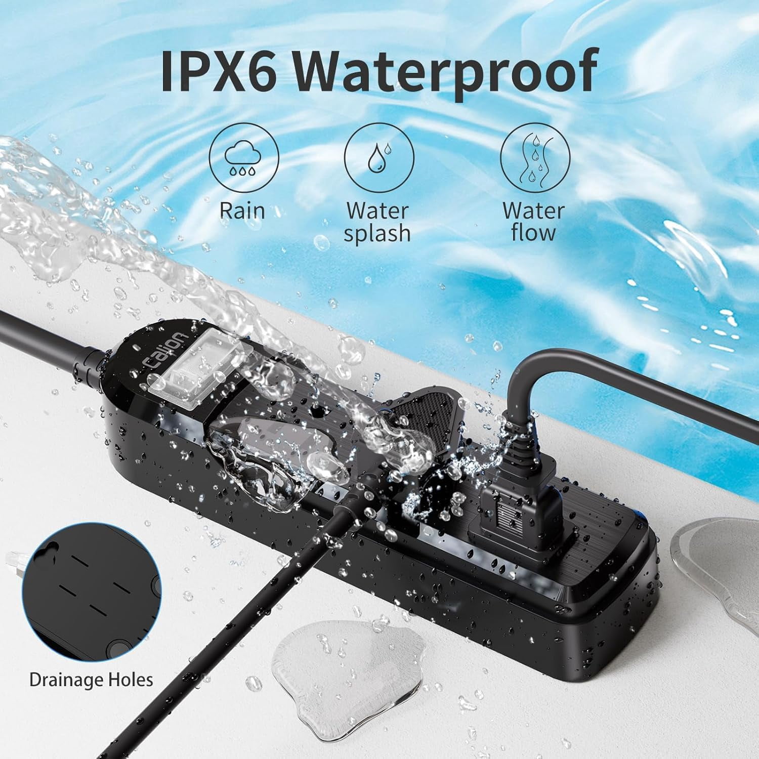 IPX6 Waterproof Outdoor Power Strip with 3 Wide Outlets, 3FT Short Extension Cord Surge Protector, Wall Mount for Garden Holiday Lights - UL Listed Black