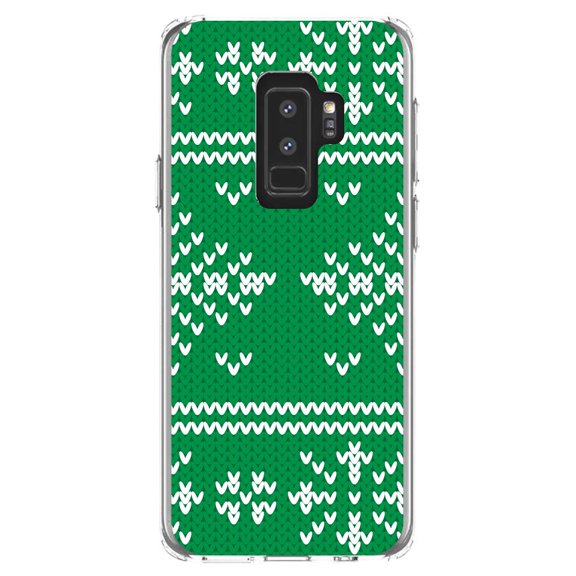 DistinctInk Clear Shockproof Hybrid Case for Samsung Galaxy S9  PLUS (6.2" Screen) - TPU Bumper, Acrylic Back, Tempered Glass Screen Protector - Green White Ugly Christmas Sweater - Christmas All Year