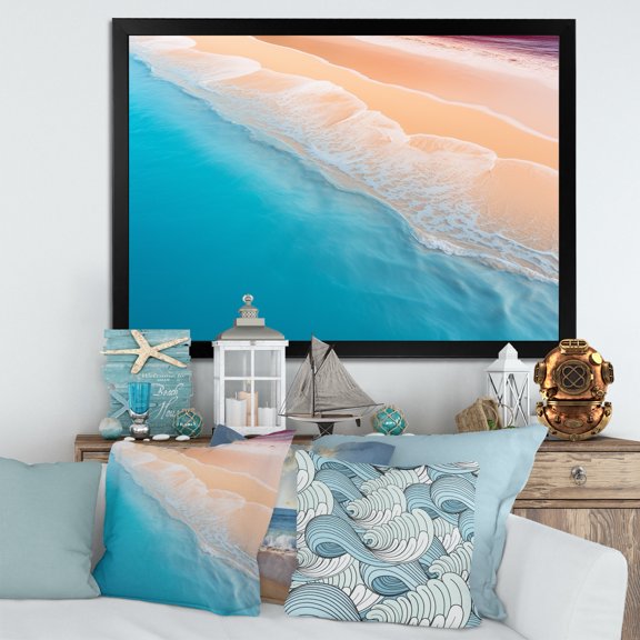 Designart "Aerial Majesty Tropical Beach Waves I" Beach Framed Wall Art Decor - Coastal Beige Beach & Ocean Hallway Framed Wall Art Decor