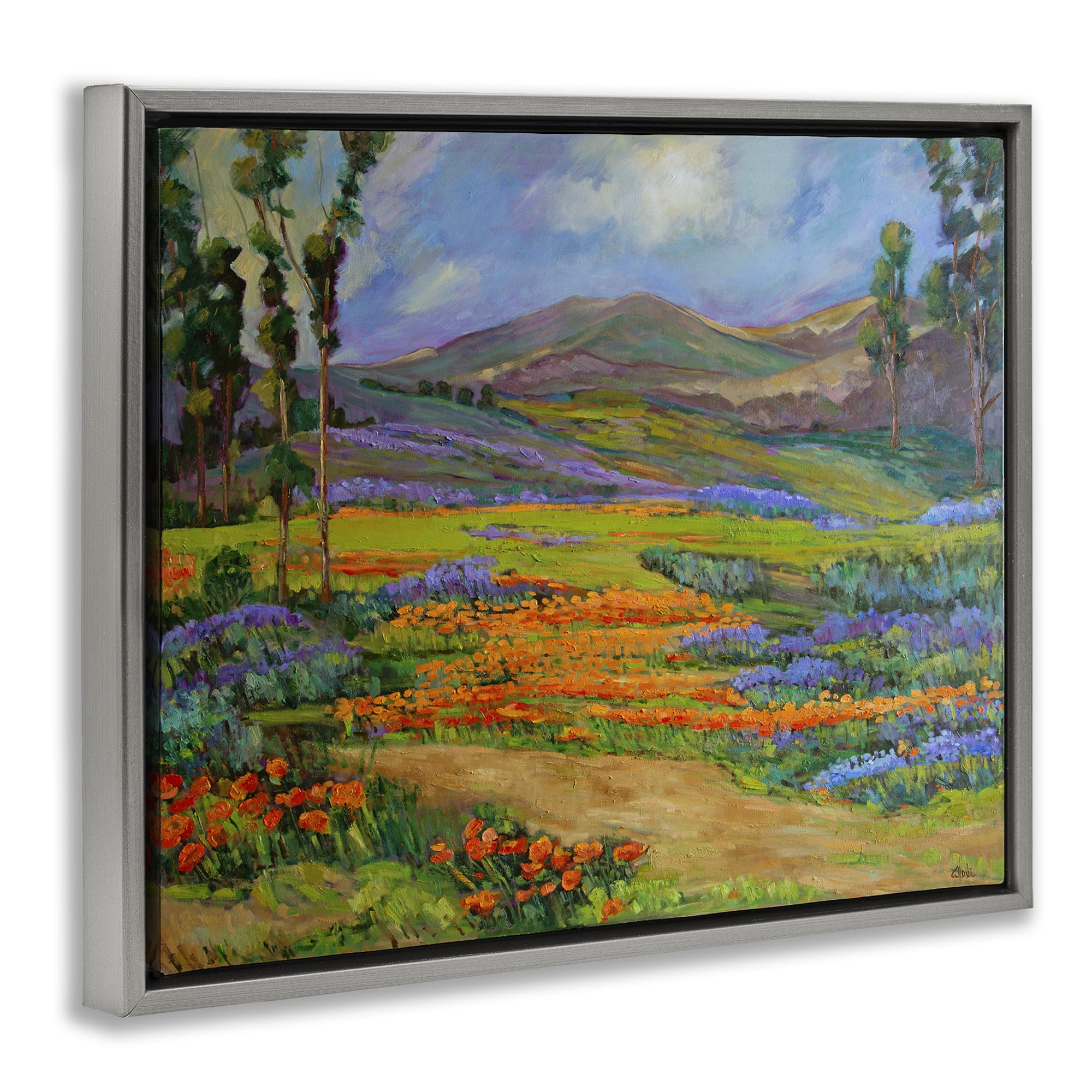 Stupell Industries Bountiful Meadow Landscape Landscape & Nature Painting Gray Floater Framed Canvas Art Print Wall Art, 21 x 17