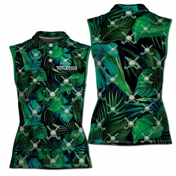 Custom Green Tropical Palm Leaf Golf Lover Women Sleeveless Polo XS-4XL