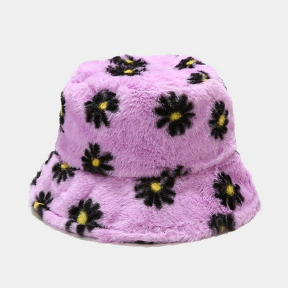 Winter Plush Bucket Hat Women Men Printed Warm Leisure Travel Soft Imitation Fur Style Cold Weather Hat