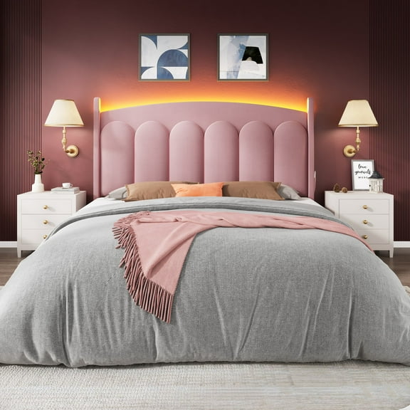 Full Size Velvet Upholstered Bed Frame with LED Lights & Adjustable Headboard, Platform Full Bed with 12 Sturdy Wooden Slats Support, No Box Spring Neded/Easy Assembly/Pink
