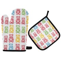 Yayeee Oven Mitts and Pot Holder Set of 4 Heat Resistant Kitchen Gloves Baking Hot Pad, Gummy Bear Pattern
