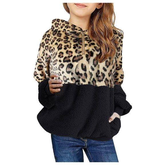FINALGANG Girl's Pullover Leopard Print Plush Half-Zip Hoodie Warm Long Sleeve Relaxed Fit Sweatshirt For Daily Casual Outdoor Wear Versatile Top