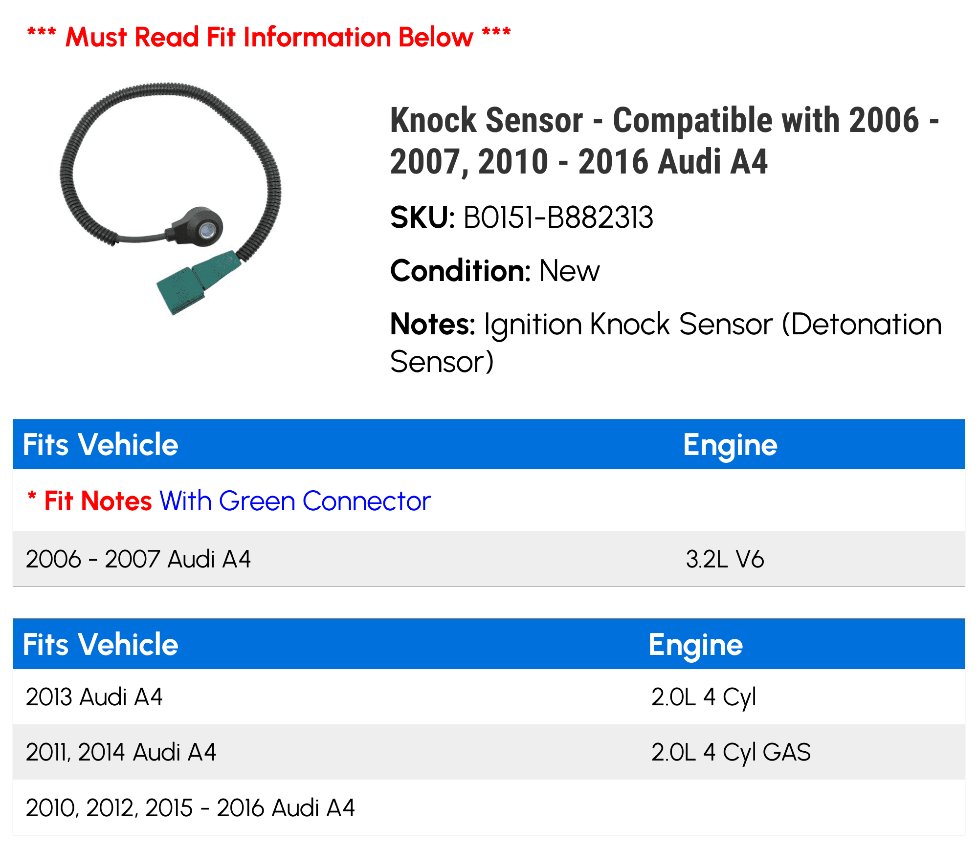 Knock Sensor - Compatible with 2006 - 2007, 2010 - 2016 Audi A4 2011 2012 2013 2014 2015