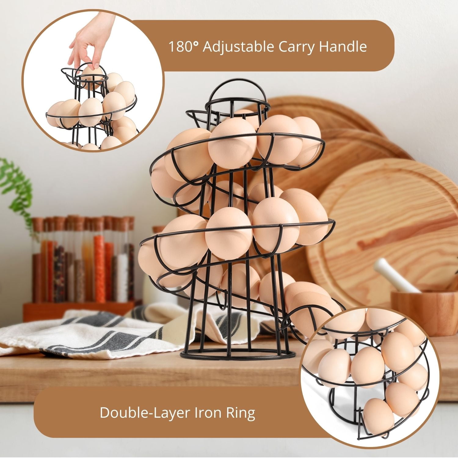 Egg Skelter Deluxe Modern Spiraling Dispenser Rack (Medium) - Chrome Plated Freestanding Wire Chicken Egg Storage Organizer Display Holder Basket for Countertop Kitchen, Black