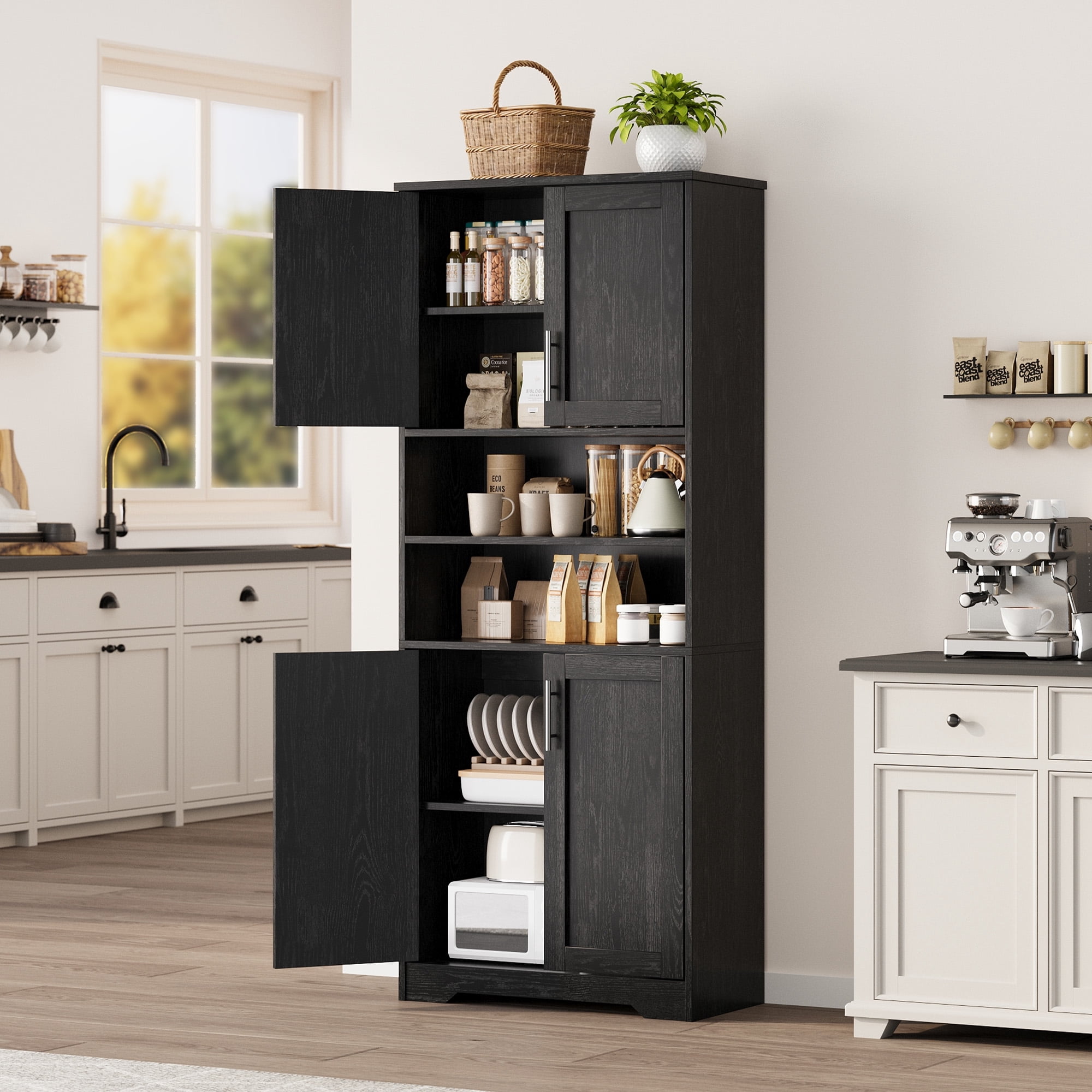 Gaderth 67" Tall Kitchen Pantry Cabinet, Farmhouse Kitchen Pantry Cabinet and Coffee Bar, Adjustable Shelf and Microwave Stand,for Dining Room Storage and Organization