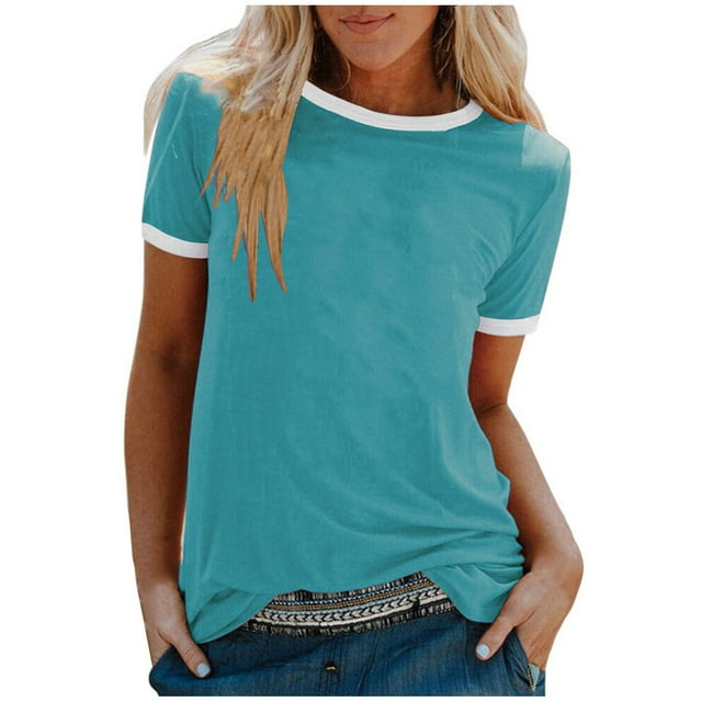 Timegard Plus Size Tops for Women Summer Round Neck Short Sleeve Color Block Comfy Casual Shirts Tops