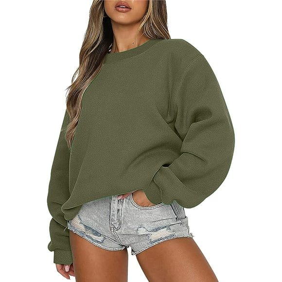 Mefallenssiah Fashion Women's Casual Long Sleeve Round Neck Ladies Loose Sweatshirt Tops Blouse Army Green S