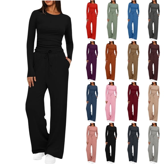 pstuiky Women's 2 Piece Lounge Set Women Crew Neck Long Sleeve Ruched Top and Drawstring Elastic Waist Wide Leg Pants with Pockets Solid Comfy Lounge Set for Fall Outfits