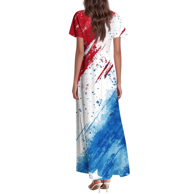 MGCWSH 4th Of July Dresses for Women Usa Flag Print Fashion V Neck Summer  Maxi Dress Short Sleeve Hawaiian Sundresses Light Blue XS - Walmart.com