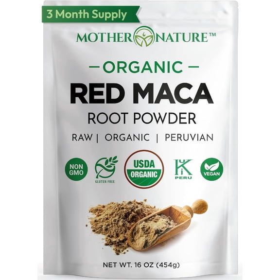 Mother Nature Organics Red Maca Powder, Organic, Non-GMO, Vegan, Gluten-Free Superfood, Energy & Stamina Support, 16oz