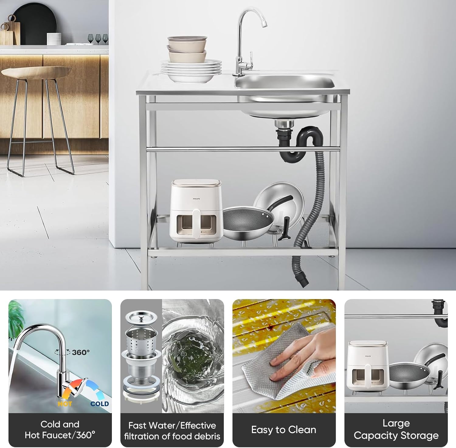 Free Standing Single Bowl Kitchen Sink, Stainless Steel Utility Sink with Cold and Hot Water Pipe for Kitchen, Garage, Backyard