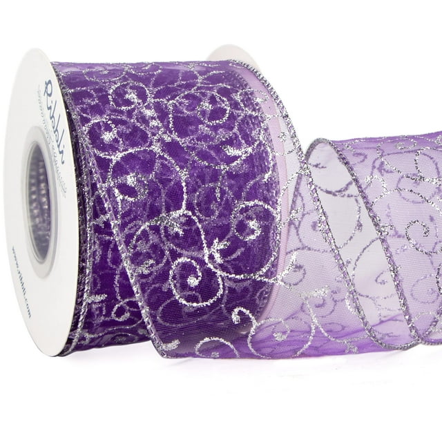 Cinta Ribbli Espiral con Brillo en Organza Morada 2.5 cm x 10 m para Navidad