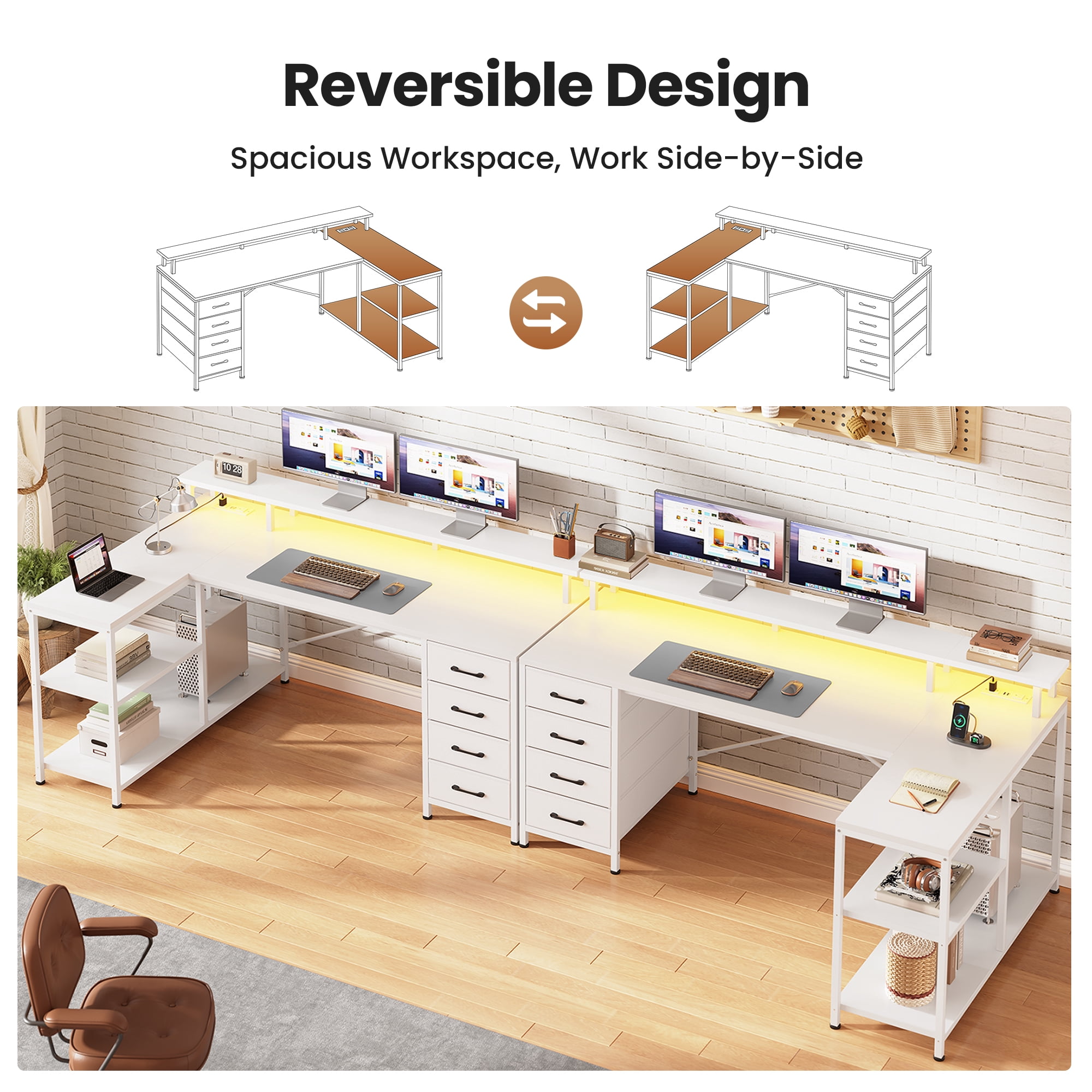 47" Gaming Desk with Power Outlets & LED Lights, L Shaped Desk with Fabric Drawers & CPU Stand, Corner Computer Desk with Open Shelves for Small Space, White