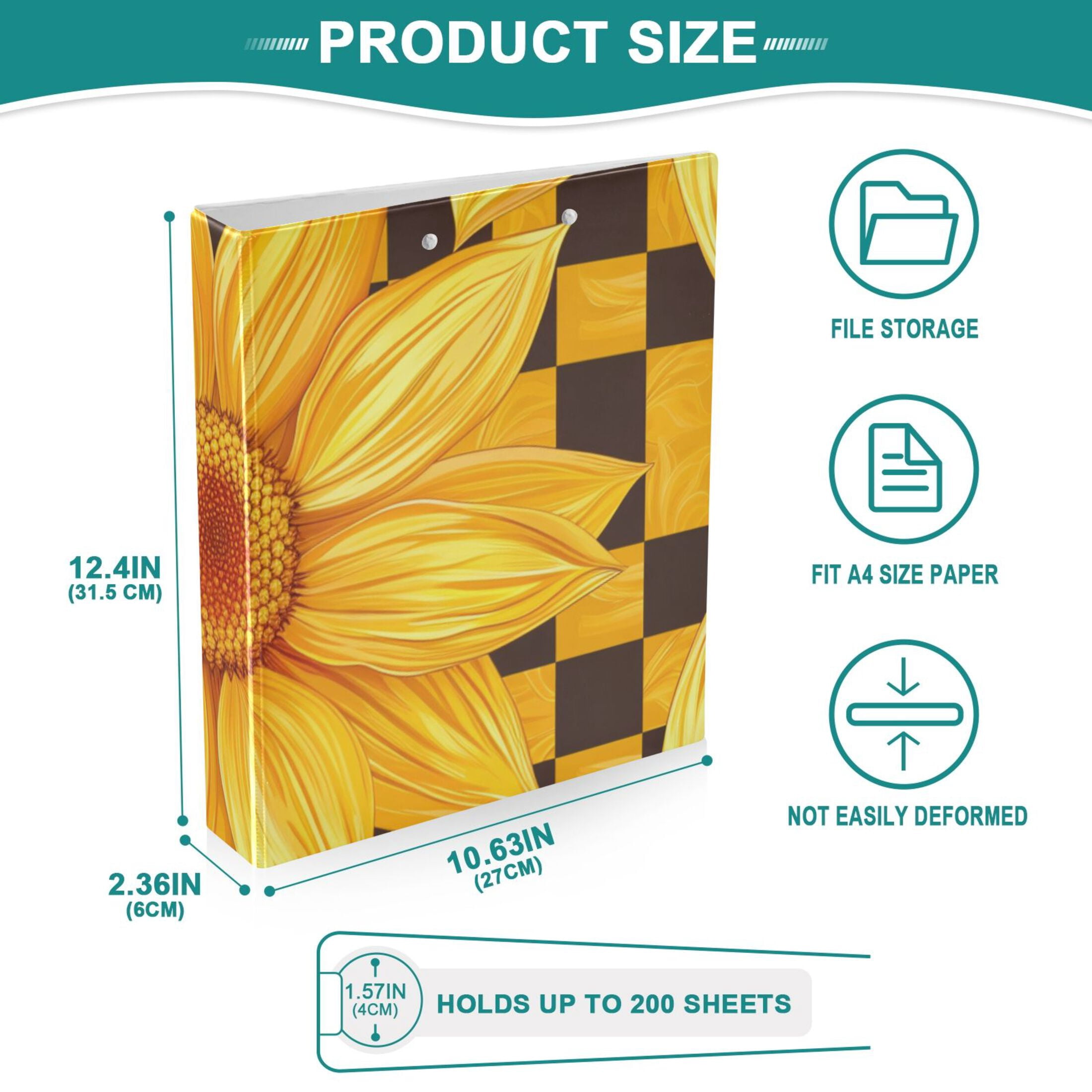 Yellow Checkered 3 Ring Binders 1.5 inch Hardcover File Folders with Interior Pockets A4 Size Organizer for School Office Hospital
