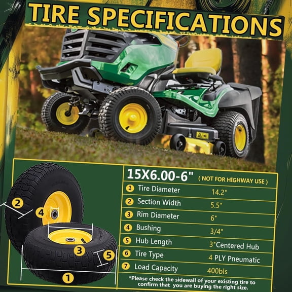 15x6.00-6 Tire and Wheel Assembly (2 Pack), Replacement Riding Lawn Mower Front Tires - With 3" Centered Hub and 3/4" Bushings (Extra 5/8" Bushings)