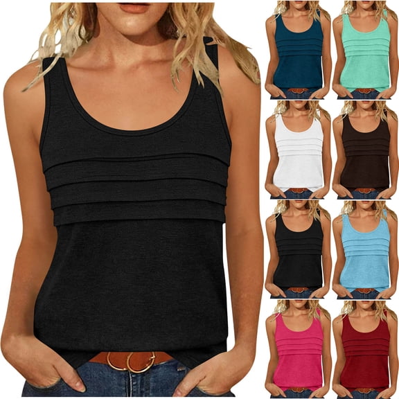 AKOEE Summer Tank Tops Women Loose Fit Casual Basic Tees Crewneck Sleeveless Plain Tshirts with Pleats (XL, Black)