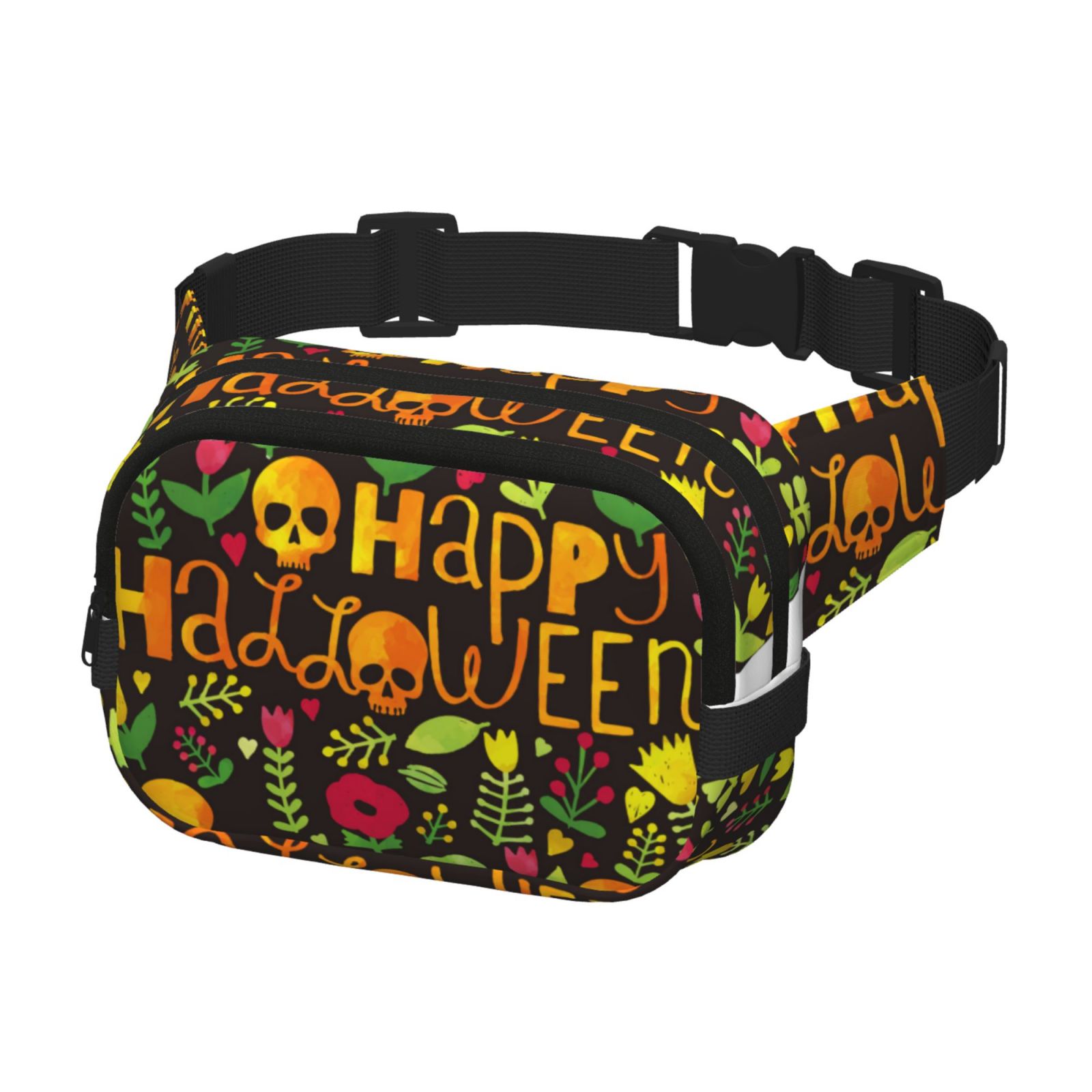 Picia Happy Halloween Floral Print Square Double-Layer Waist Bag Mini Adjustable Waist Belt Bag Exercise Running Travel Hiking