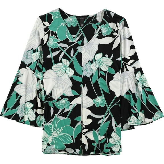 Alfani Womens Floral Bell Sleeve Baby Doll Blouse, Green, XX-Large