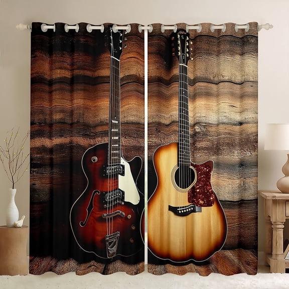 jejeloiu Electric Guita Curtains Pack of 2 (42x84 Each),Brown Music Instruments Curtains Blackout,Old Barn Door Bedroom Curtains For Child,Breathable Home Decor
