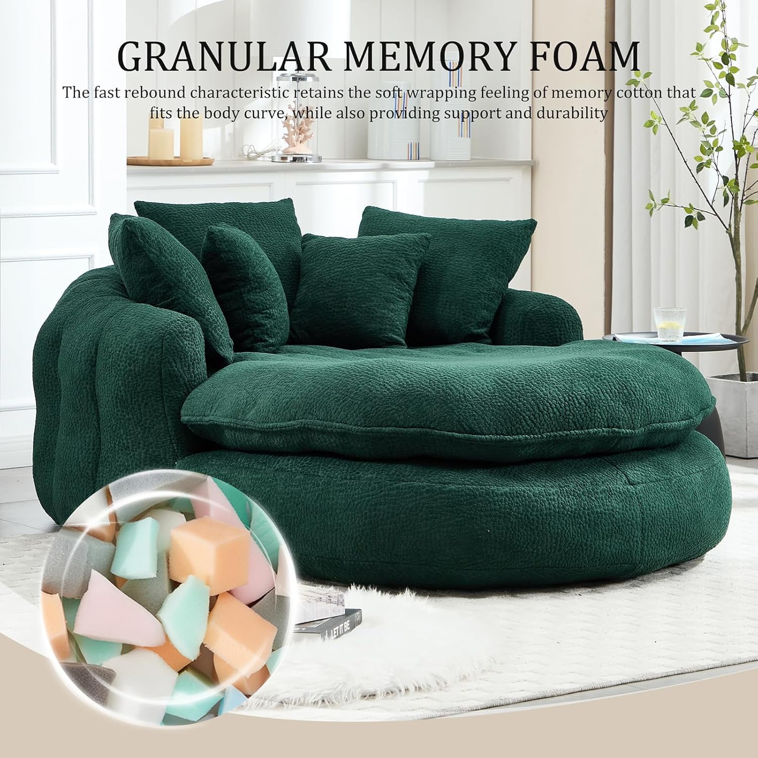 AENKYO Oversized Chenille Bean Bag Sofa with 5 Pillows, Oval Lazy Floor Sofa with Wraparound Backrest for Adults-Green