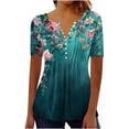 thumbnail image 3 of Feancey Button V Neck Tops for Women Vintage Floral Print Pleated Blouse Summer Boho Short Sleeve Henley Shirts Flowy Beach Vacation Tshirt Multicolor M, 3 of 5