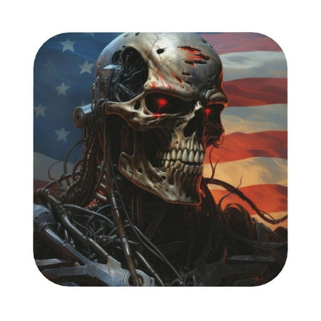 

Gaeub Cyberpunk Skull American Flag Print 6 Pcs Leather Coasters for Drinks Drink Coasters Sets Drink Table Cup Coasters for Living Room Kitchen Coffee Decor Square