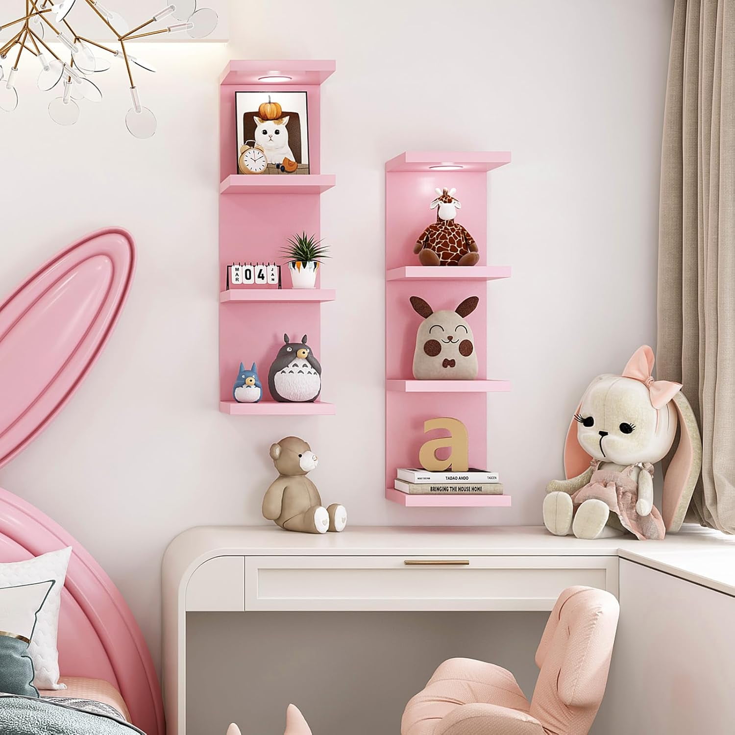 Versatile 4 Tier Wall Shelf Unit,Pink Lack Wall Shelf,Display Floating Shelf with LED Remote Control Light